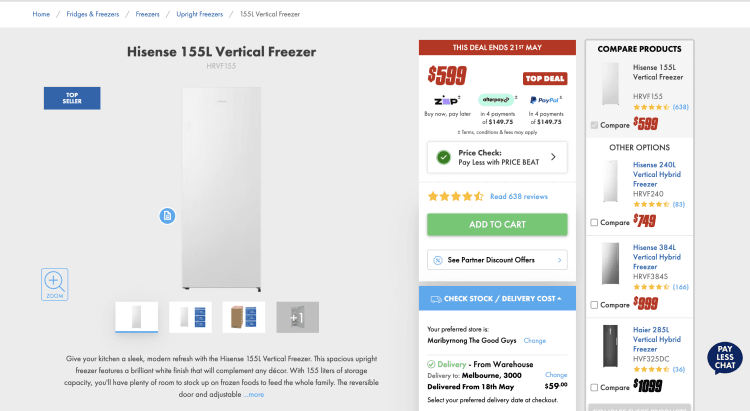 The Good Guys: Hisense 155L Vertical Freezer (HRVF155) – $599 -> $584 with Price Beat